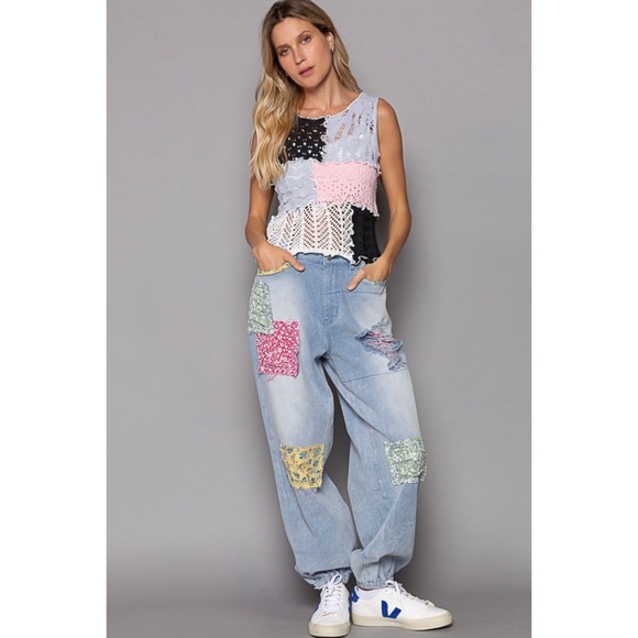 POL Light Wash Patchwork Boyfriend Jogger Jeans Lightweight - Picture 11 of 13